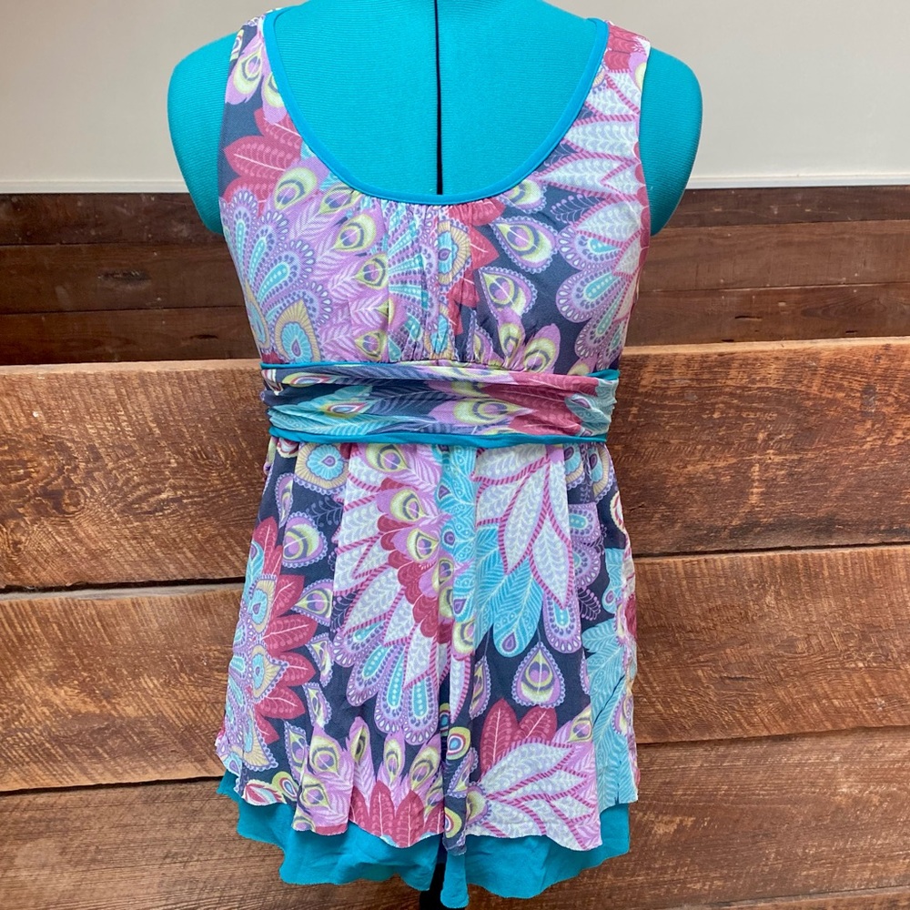 Y2K Psychedelic Mesh Empire Waisted Peasant Tank w/ Paisley Peacock Design